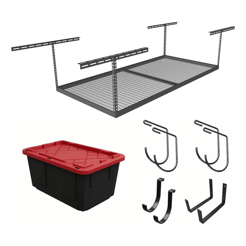 SafeRacks 4' x 8' Overhead Storage Rack with 12-24-Inch Drop and 5 Red Bins (Hammertone)
