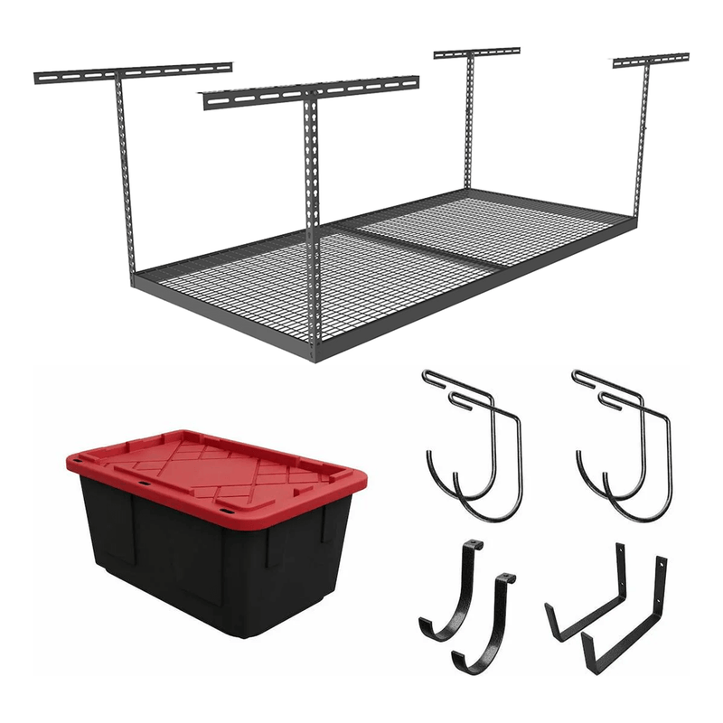 MonsterRAX 4' x 8' Overhead Storage Rack with 24-45-Inch Drop and 5 Red Bins (Hammertone)