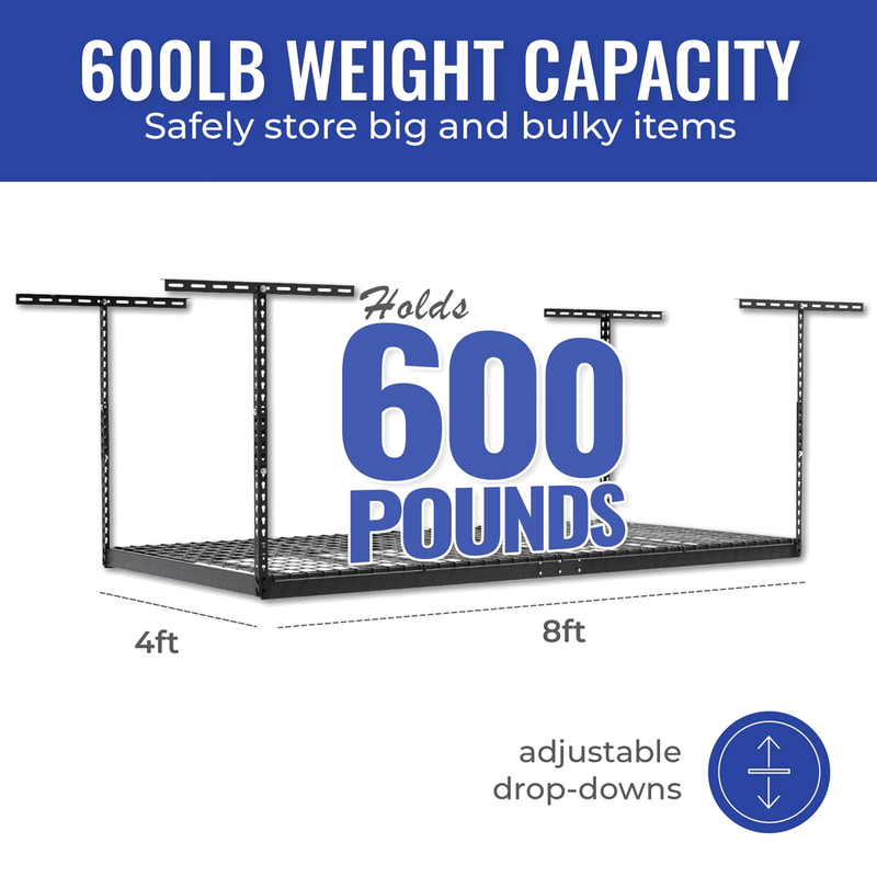 SafeRacks 4' x 8' Overhead Storage Rack with 12-24-Inch Drop and 5 Red Bins (Hammertone)