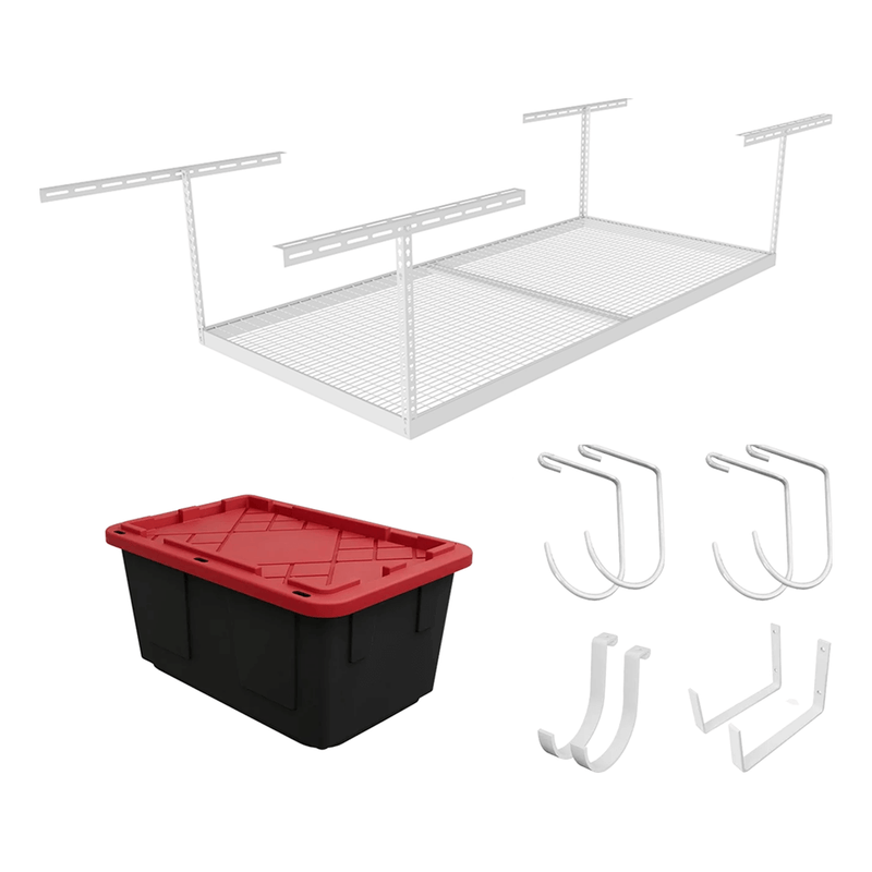 MonsterRAX 4' x 8' Overhead Storage Rack with 12-24-Inch Drop and 5 Red Bins (White)