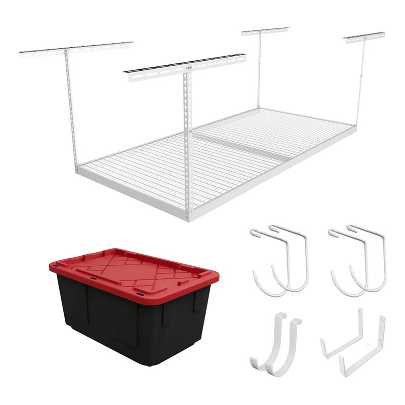 MonsterRAX 4' x 8' Overhead Storage Rack with 24-45-Inch Drop and 5 Red Bins (White)