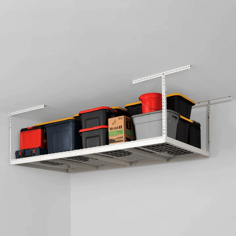 MonsterRAX 4' x 8' Overhead Storage Rack with 12-24-Inch Drop and 5 Red Bins (White)