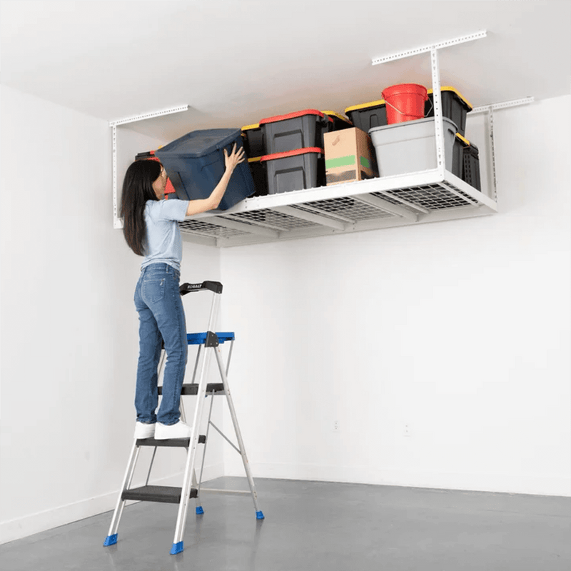 MonsterRAX 4' x 8' Overhead Storage Rack with 12-24-Inch Drop and 5 Red Bins (White)