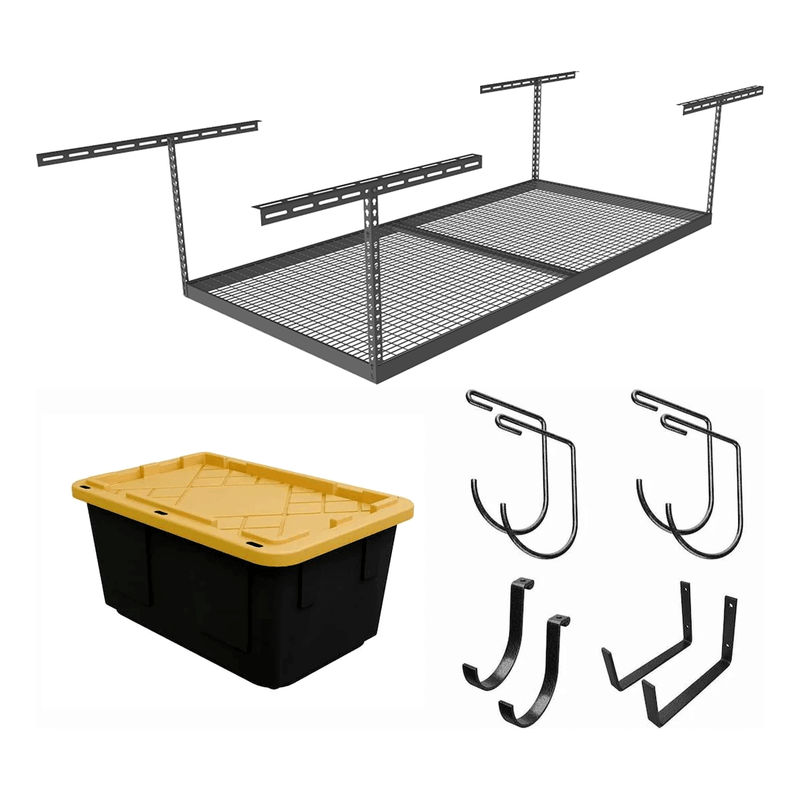 SafeRacks 4' x 8' Overhead Storage Rack with 12-24-Inch Drop and 5 Yellow Bins (Hammertone)