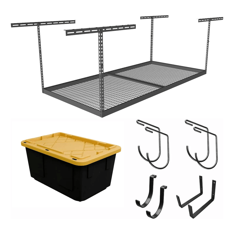 SafeRacks 4' x 8' Overhead Storage Rack with 24-45-Inch Drop and 5 Yellow Bins (Hammertone)