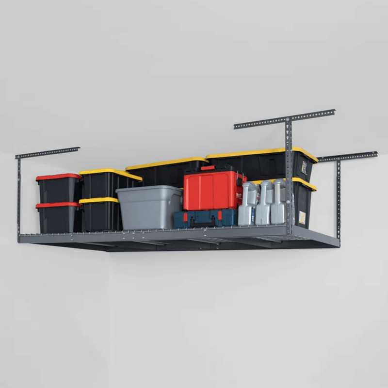 SafeRacks 4' x 8' Overhead Storage Rack with 24-45-Inch Drop and 5 Yellow Bins (Hammertone)