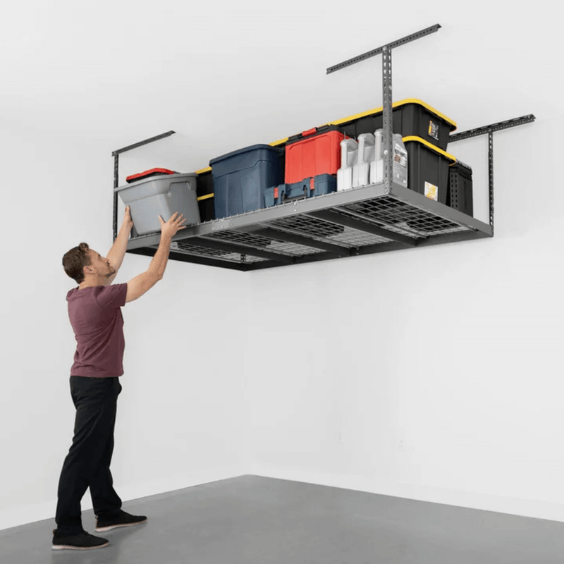SafeRacks 4' x 8' Overhead Storage Rack with 24-45-Inch Drop and 5 Yellow Bins (Hammertone)
