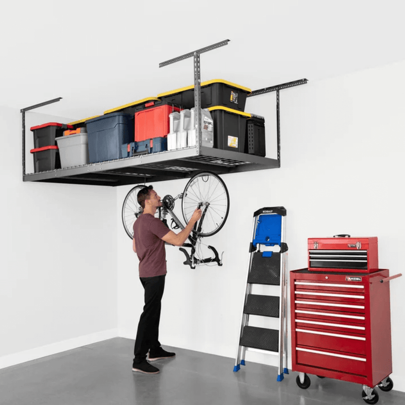 SafeRacks 4' x 8' Overhead Storage Rack with 24-45-Inch Drop and 5 Yellow Bins (Hammertone)
