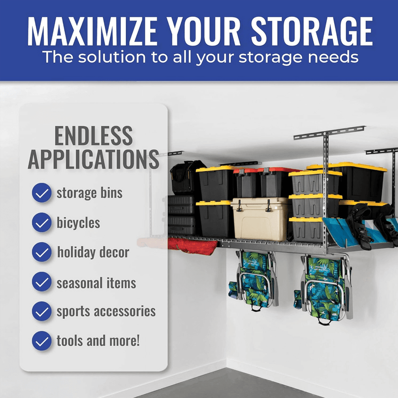 SafeRacks 4' x 8' Overhead Storage Rack with 24-45-Inch Drop and 5 Yellow Bins (Hammertone)