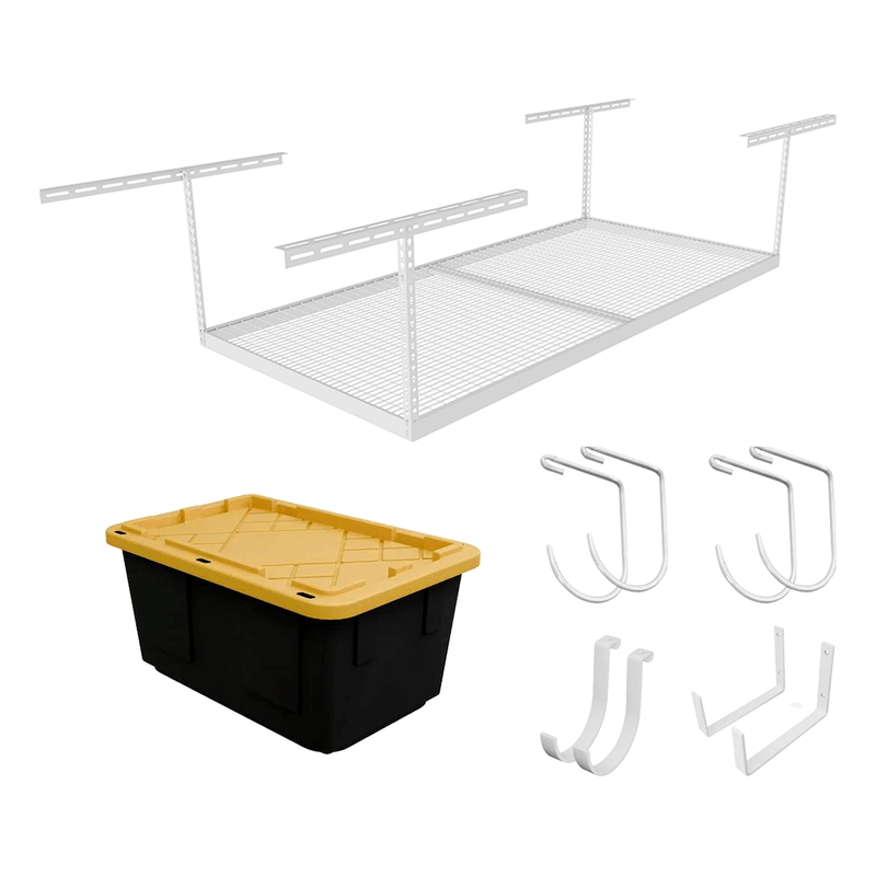 SafeRacks 4' x 8' Overhead Storage Rack with 12-24-Inch Drop and 5 Yellow Bins (White)