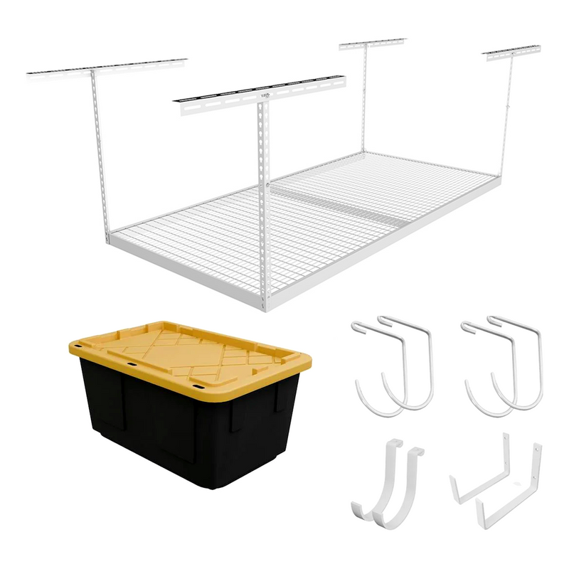 MonsterRAX 4' x 8' Overhead Storage Rack with 24-45-Inch Drop and 5 Yellow Bins (White)