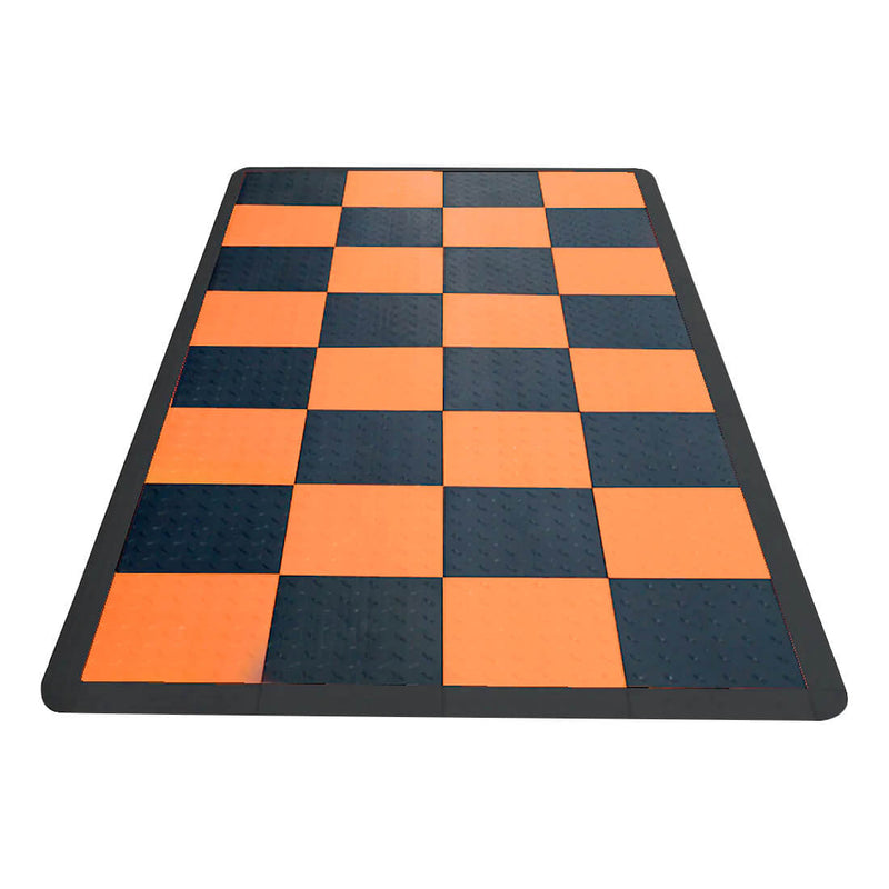 Speedway Tile Checkered Motorcycle Garage Floor Tile Mat / Pad (Black / Orange)