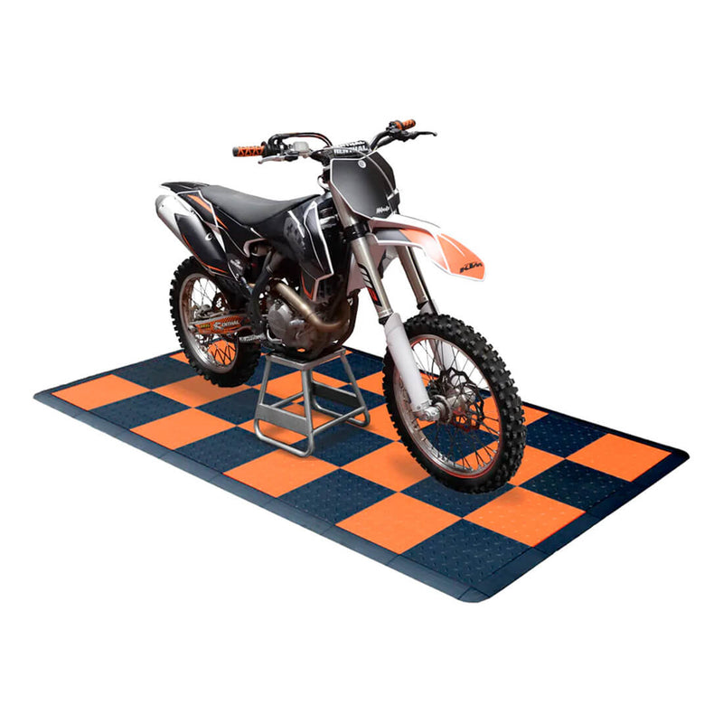 Speedway Tile Checkered Motorcycle Garage Floor Tile Mat / Pad (Black / Orange)