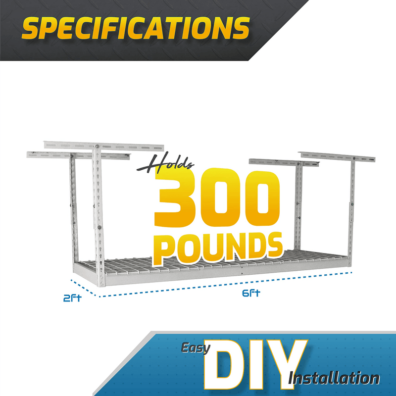 SafeRacks 2' x 6' Overhead Storage Rack with 12-24-Inch Drop (White)