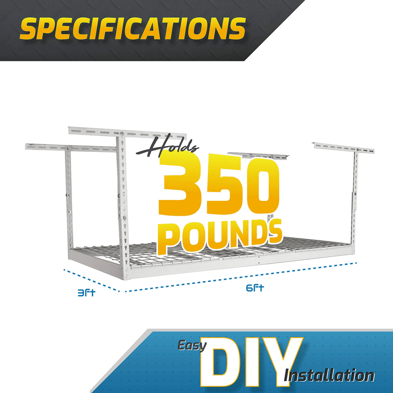SafeRacks 3' x 6' Overhead Storage Rack with 12-24-Inch Drop (White)