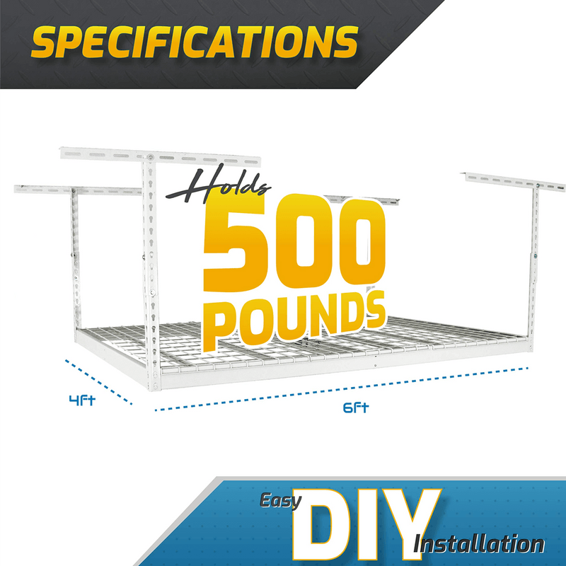 SafeRacks 4' x 6' Overhead Storage Rack with 12-24-Inch Drop (White)