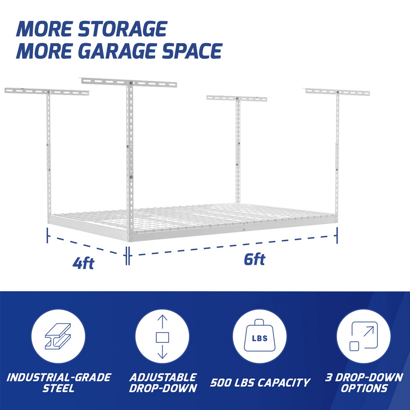 SafeRacks 4' x 6' Overhead Storage Rack with 12-24-Inch Drop (White)