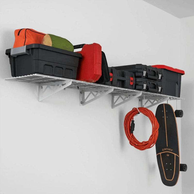MonsterRAX 12" x 36" Wall Mounted Garage Shelves with Hooks (White)