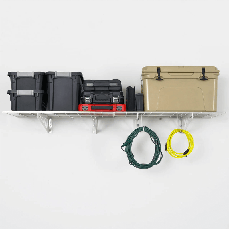 SafeRacks 18" x 36" Wall Mounted Garage Shelves with Hooks (White)