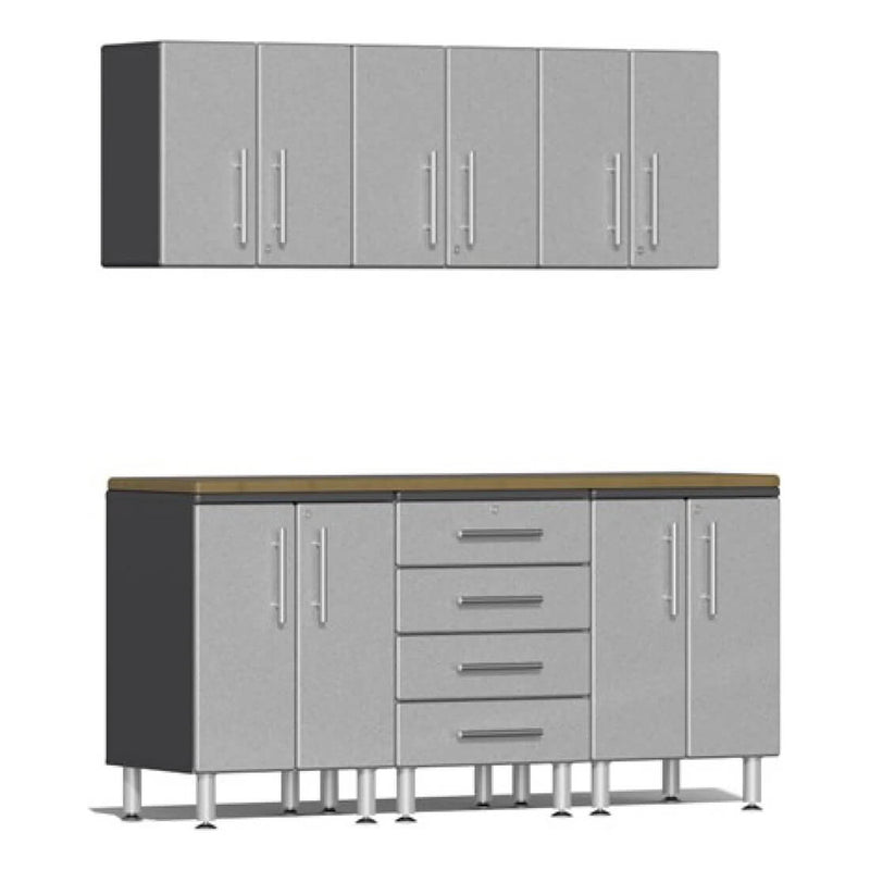 Ulti-MATE Garage 7-Piece Cabinet Kit with Bamboo Worktop in Stardust Silver Metallic