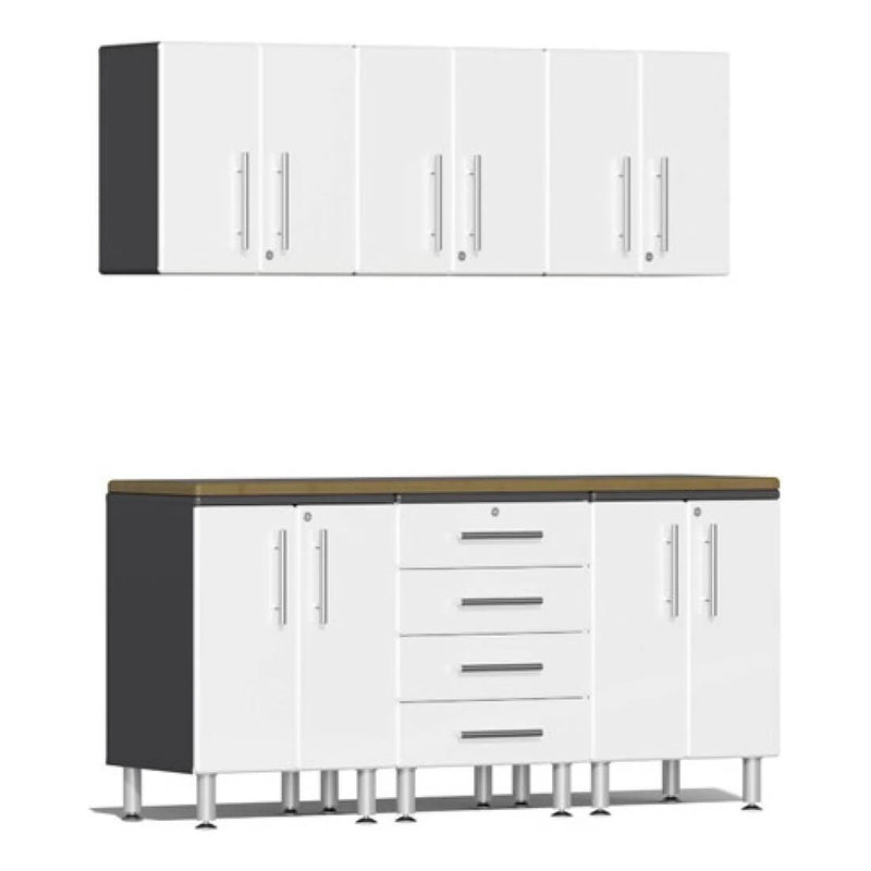 Ulti-MATE Garage 7-Piece Cabinet Kit with Bamboo Worktop in Starfire White Metallic
