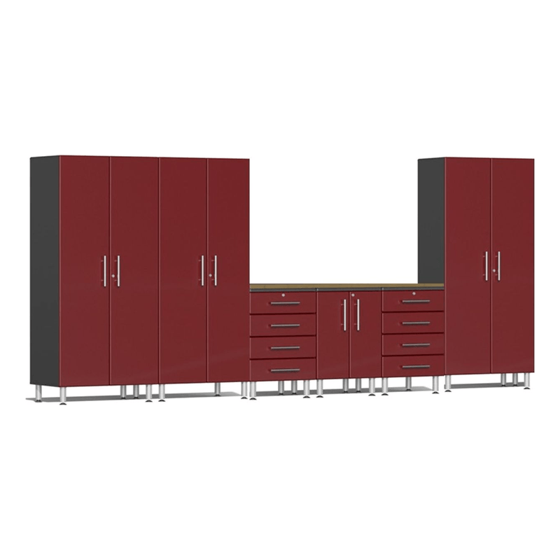 Ulti-MATE Garage 7-Piece Garage Cabinet System with Bamboo Worktop in Ruby Red Metallic