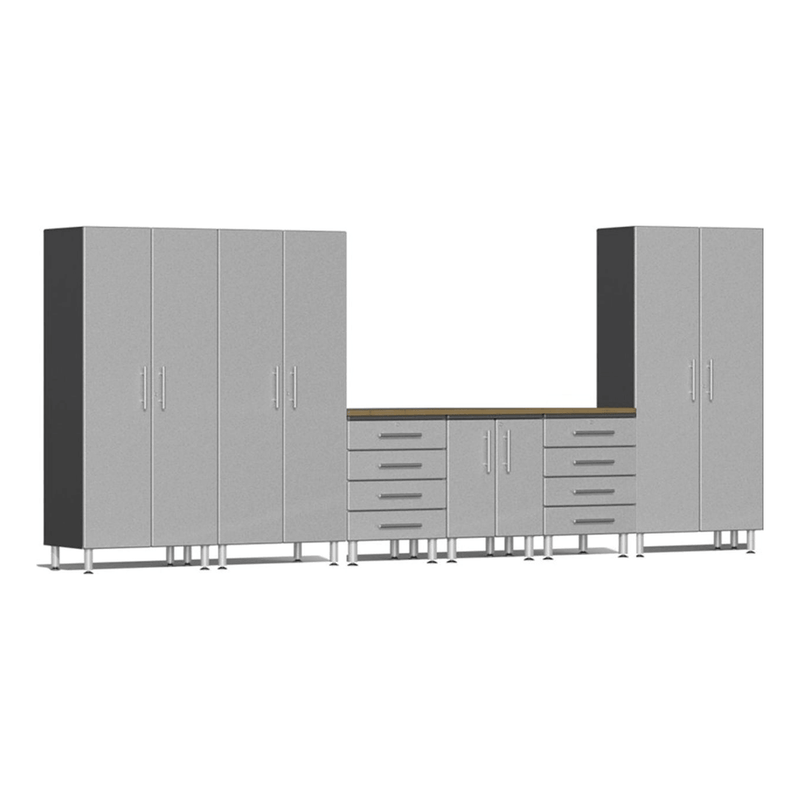 Ulti-MATE Garage 7-Piece Garage Cabinet System with Bamboo Worktop in Stardust Silver Metallic
