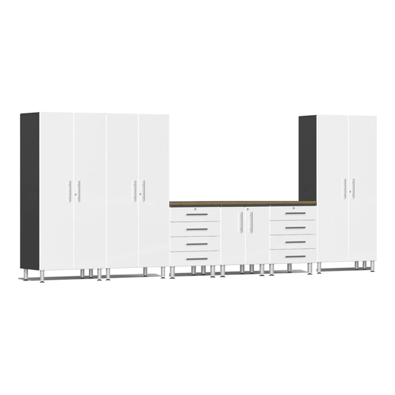 Ulti-MATE Garage 7-Piece Garage Cabinet System with Bamboo Worktop in Starfire White Metallic
