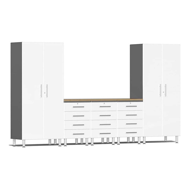 Ulti-MATE Garage 6-Piece Garage Cabinet Set with Bamboo Worktop in Starfire White Metallic