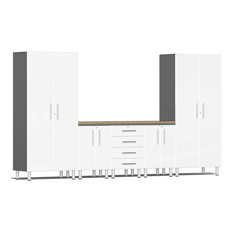 Ulti-MATE Garage 6-Piece Garage Cabinet Kit with Bamboo Worktop in Starfire White Metallic