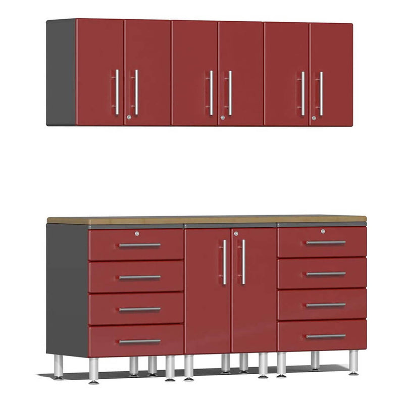 Ulti-MATE Garage 7-Piece Cabinet Kit with Bamboo Worktops in Ruby Red Metallic