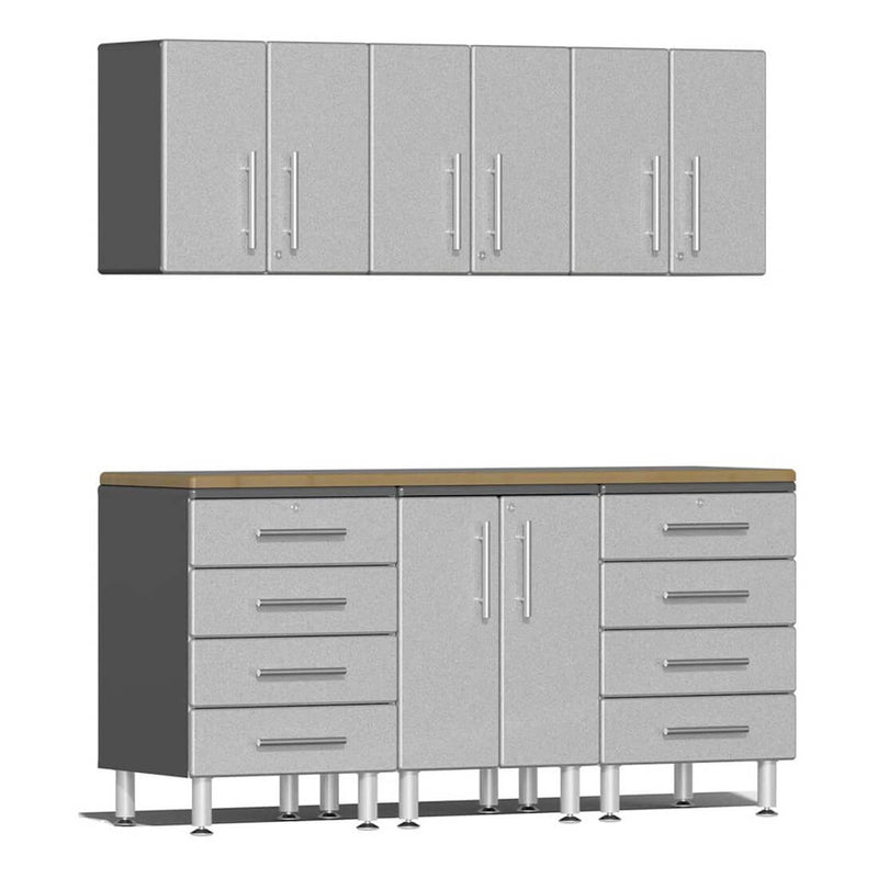 Ulti-MATE Garage 7-Piece Cabinet Kit with Bamboo Worktops in Stardust Silver Metallic