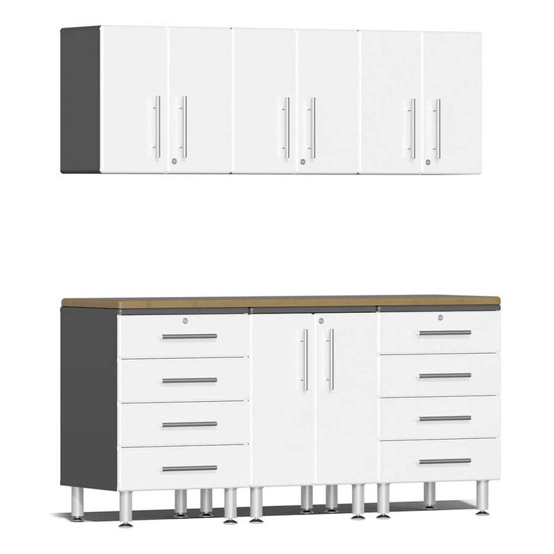 Ulti-MATE Garage 7-Piece Cabinet Kit with Bamboo Worktops in Starfire White Metallic