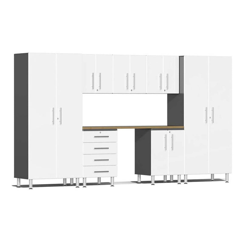 Ulti-MATE Garage 8-Piece Cabinet Kit with Bamboo Worktop in Starfire White Metallic