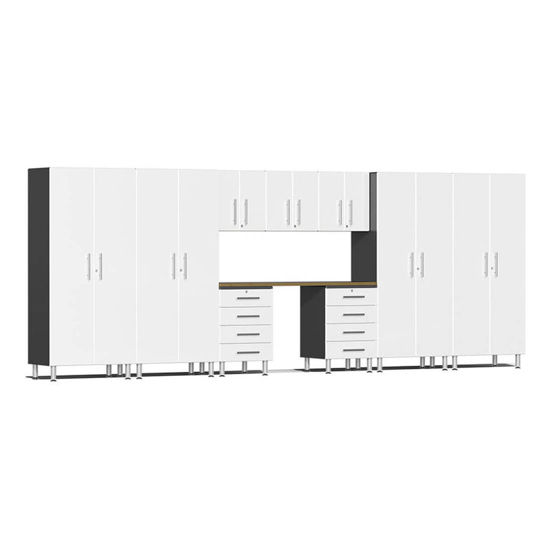 Ulti-MATE Garage 10-Piece Cabinet Kit with Bamboo Worktop in Starfire White Metallic