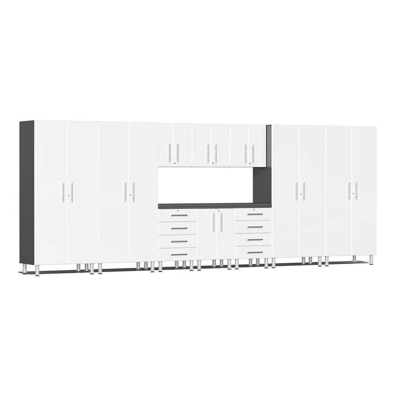 Ulti-MATE Garage 11-Piece Cabinet Set with Channeled Worktop in Starfire White Metallic