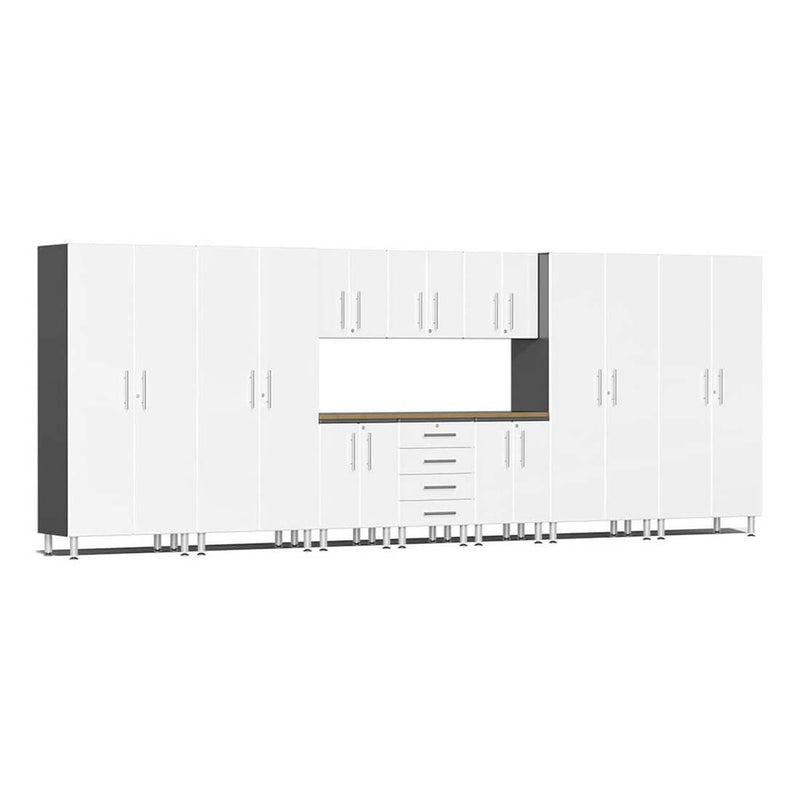 Ulti-MATE Garage 11-Piece Garage Cabinet Kit with Bamboo Worktops in Starfire White Metallic