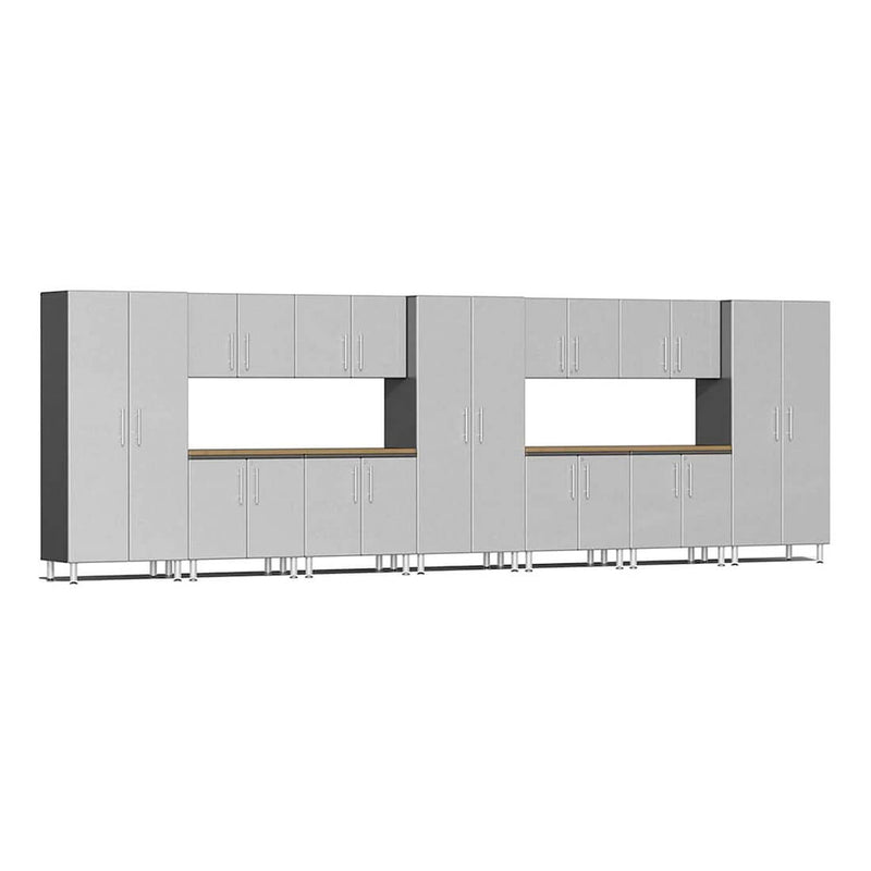 Ulti-MATE Garage 13-Piece Garage Cabinet Kit with Bamboo Worktops in Stardust Silver Metallic