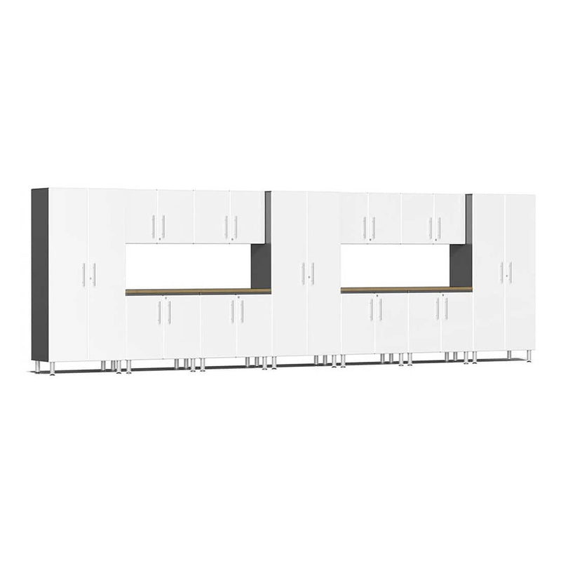 Ulti-MATE Garage 13-Piece Garage Cabinet Kit with Bamboo Worktops in Starfire White Metallic