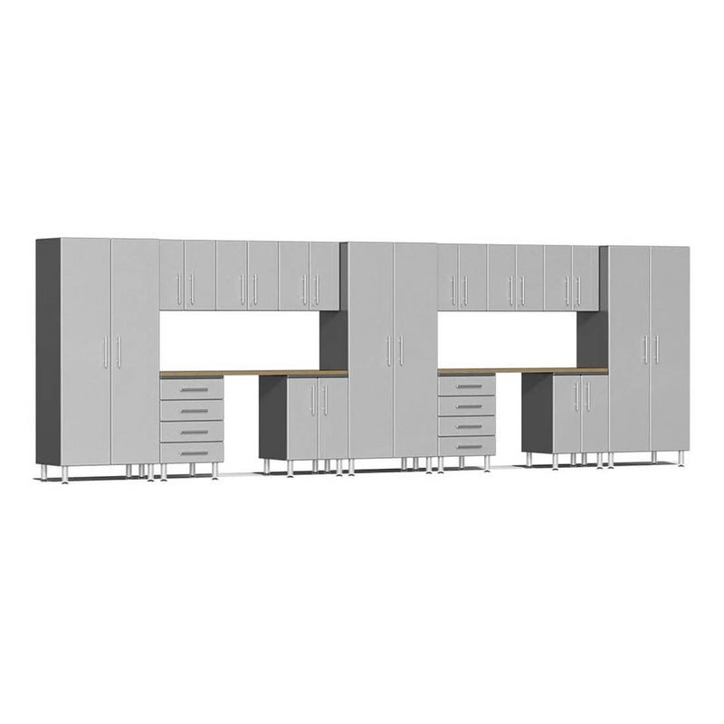 Ulti-MATE Garage 15-Piece Cabinet Set with Bamboo Worktops in Stardust Silver Metallic