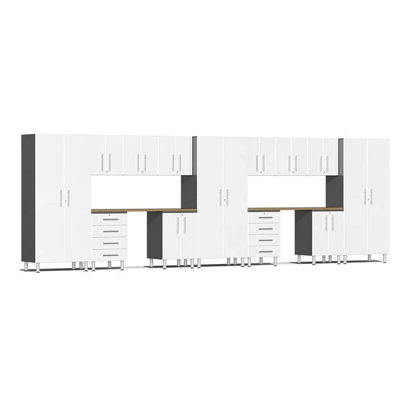 Ulti-MATE Garage 15-Piece Cabinet Set with Bamboo Worktops in Starfire White Metallic