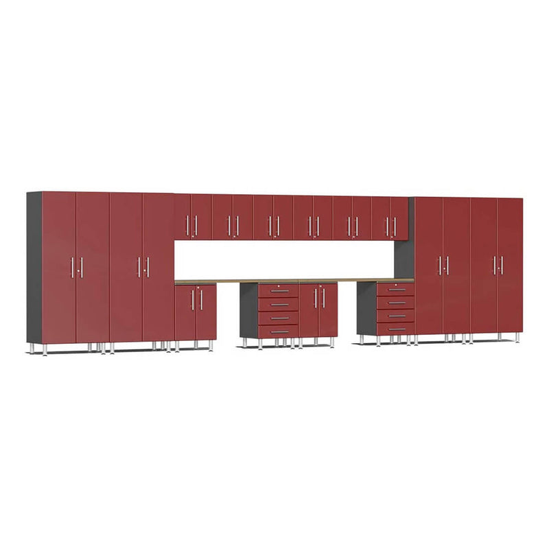 Ulti-MATE Garage 16-Piece Cabinet Set with Bamboo Worktops in Ruby Red Metallic