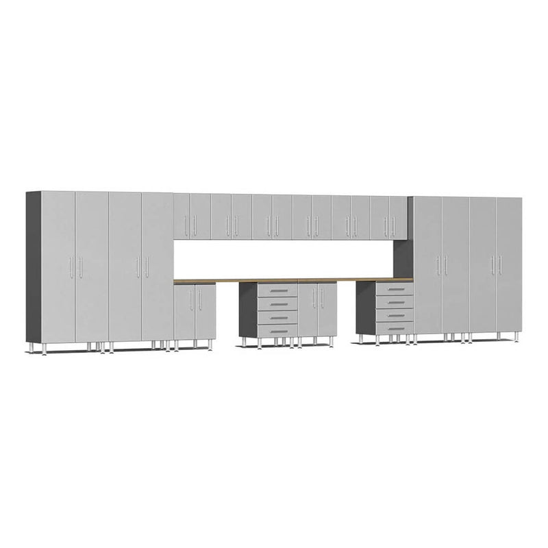 Ulti-MATE Garage 16-Piece Cabinet Set with Bamboo Worktops in Stardust Silver Metallic