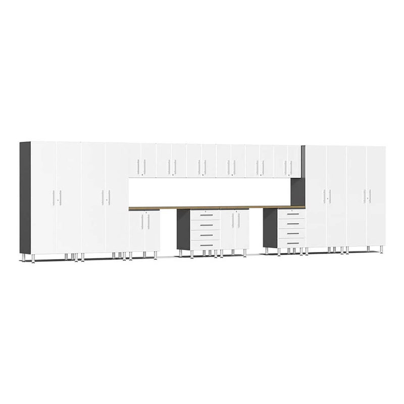 Ulti-MATE Garage 16-Piece Cabinet Set with Bamboo Worktops in Starfire White Metallic