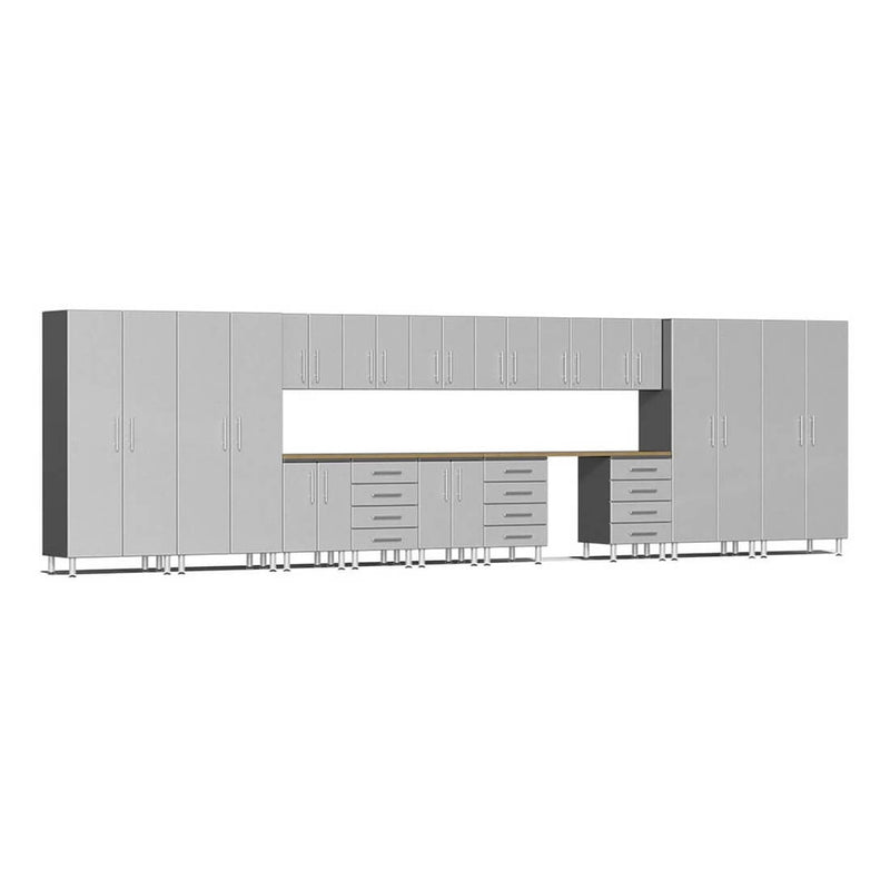 Ulti-MATE Garage 17-Piece Cabinet Kit with Bamboo Worktops in Stardust Silver Metallic