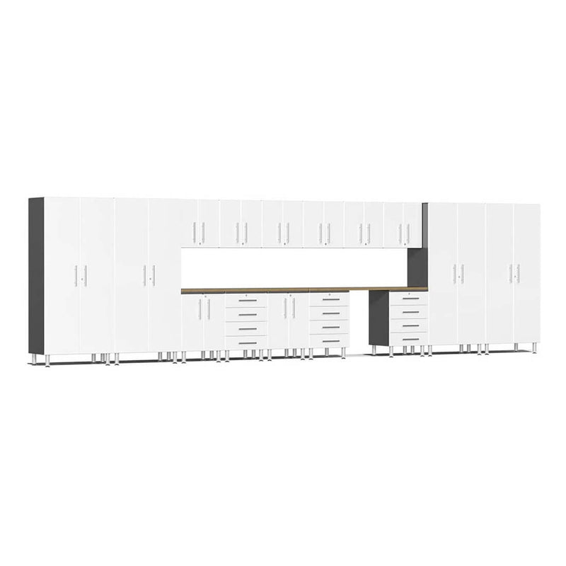 Ulti-MATE Garage 17-Piece Cabinet Kit with Bamboo Worktops in Starfire White Metallic
