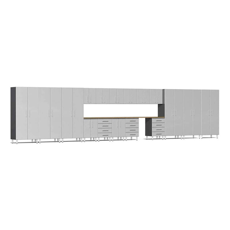 Ulti-MATE Garage 19-Piece Cabinet Set with Bamboo Worktops in Stardust Silver Metallic