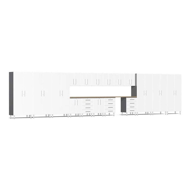 Ulti-MATE Garage 19-Piece Cabinet Set with Bamboo Worktops in Starfire White Metallic
