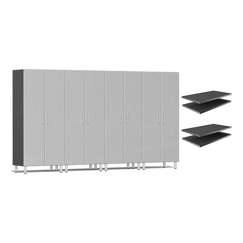 Ulti-MATE Garage 4-Piece Tall Garage Cabinet Set and Extra 4-Shelf Bundle in Stardust Silver Metallic