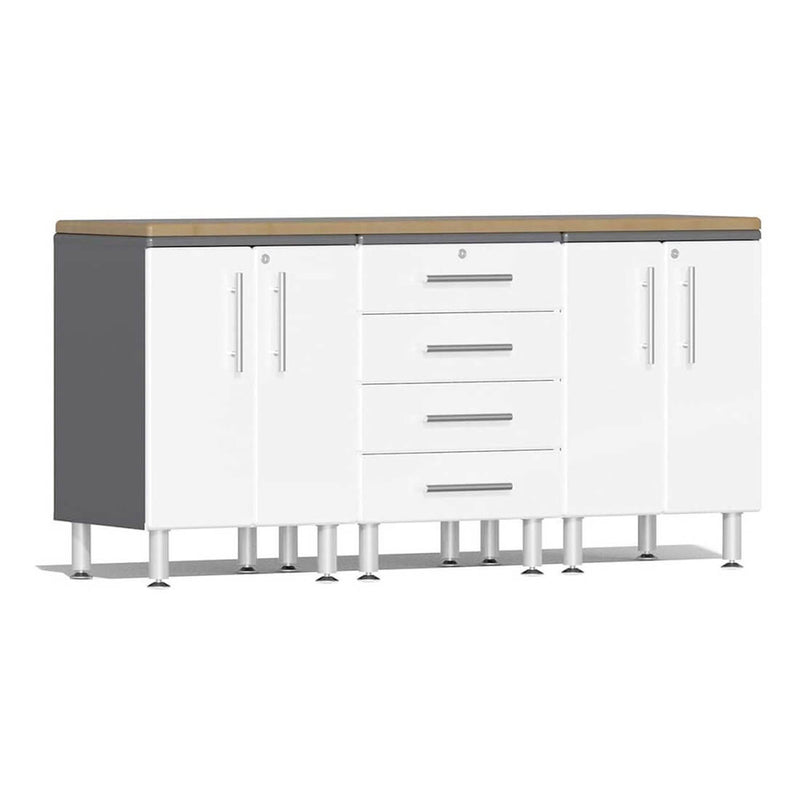 Ulti-MATE Garage 4-Piece Cabinet Kit with Bamboo Worktop in Starfire White Metallic